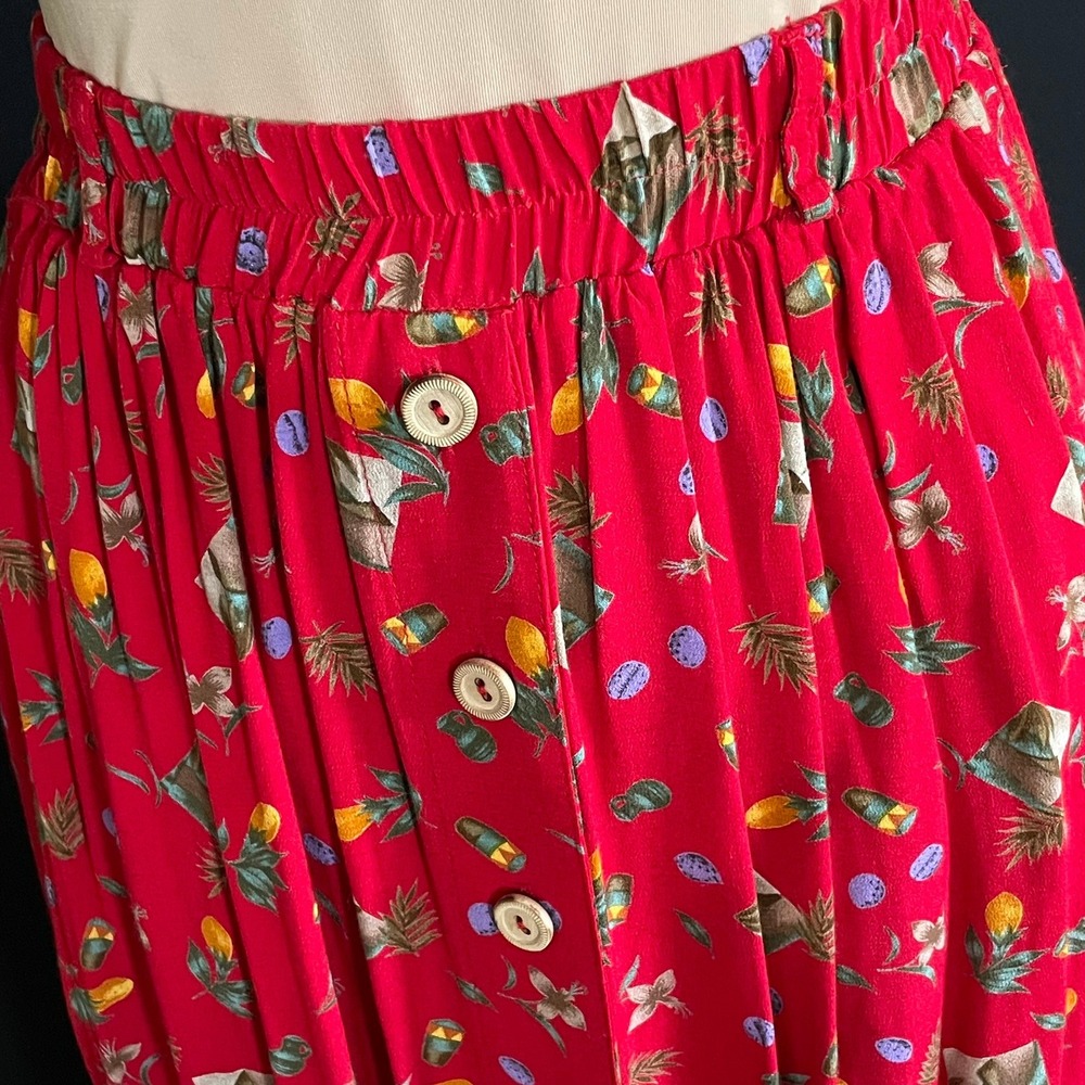 On The Verge Maxi Skirt Womens Red Good Vintage Novelty Print Button Front - Picture 3 of 6